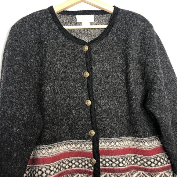 VTG Tally Ho Gray Jacket XL 100% Wool Fair Isle Long Sleeve Cardigan Sweater Top - Picture 2 of 9
